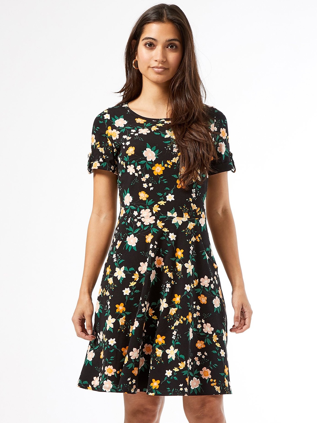 

DOROTHY PERKINS Women Black & Yellow Floral Print Fit & Flare Dress