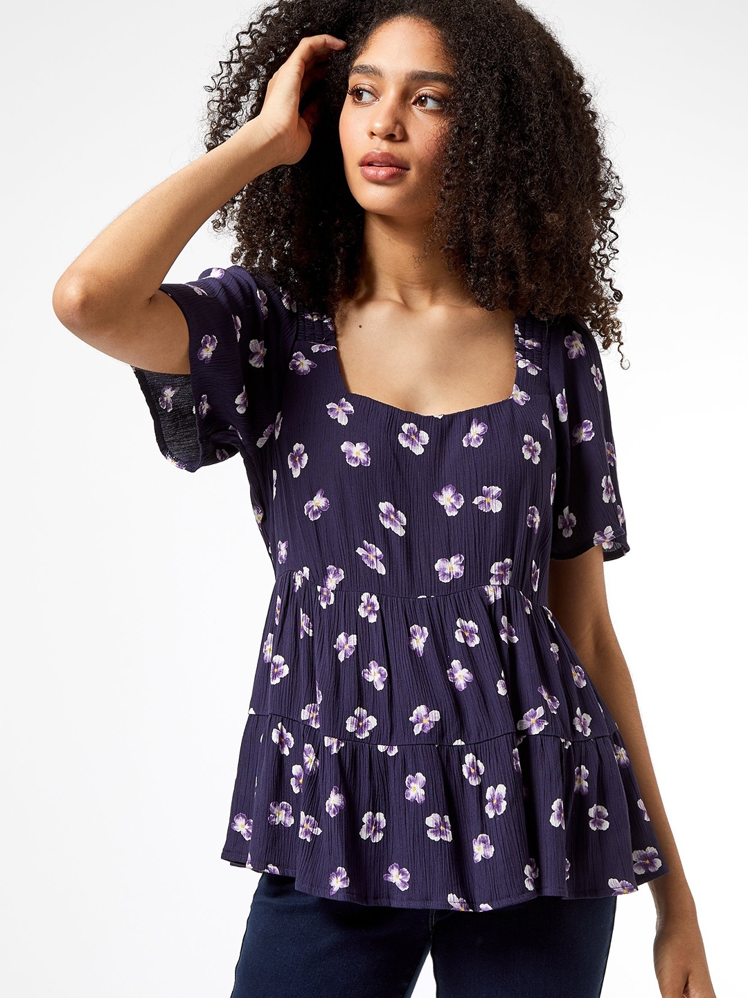 

DOROTHY PERKINS Women Navy Blue & Purple Floral Print Tiered Top