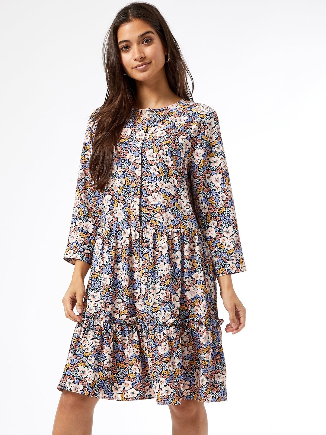 

DOROTHY PERKINS Women Blue & Peach-Coloured Floral Printed Tiered A-Line Dress