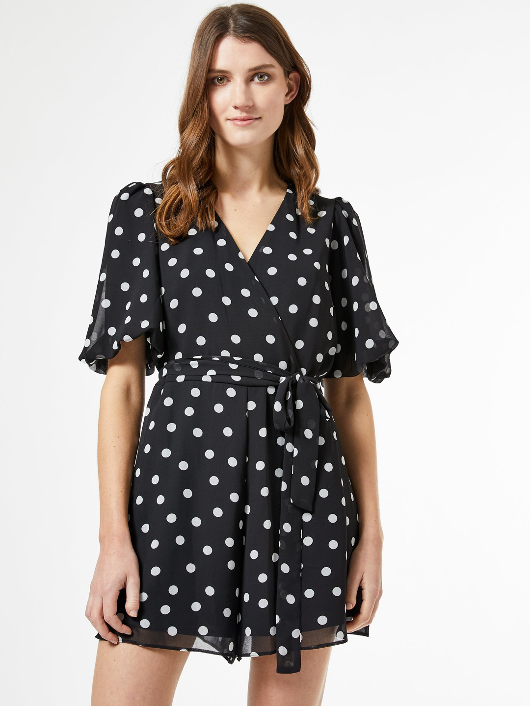 

DOROTHY PERKINS Women Black & White Polka Dots Printed Wrap Dress