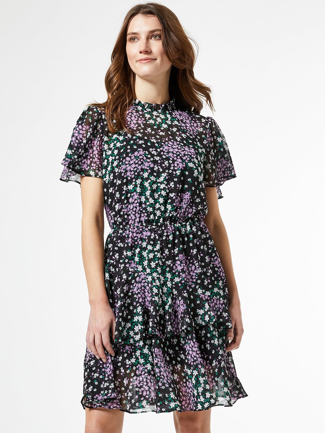 

DOROTHY PERKINS Women Black & Purple Printed Semi Sheer A-line Dress