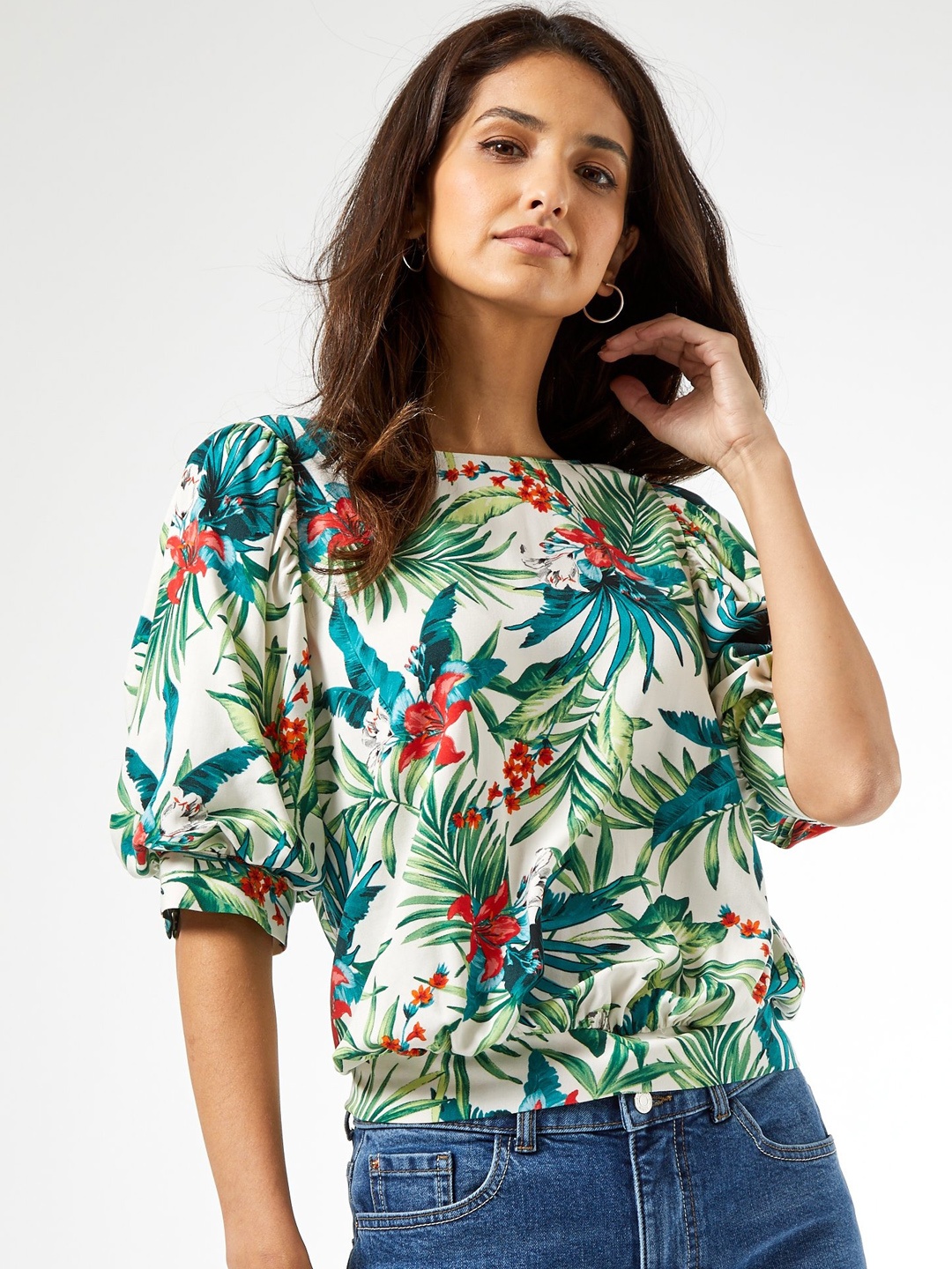 

DOROTHY PERKINS Women Off-White & Green Tropical Print Blouson Top