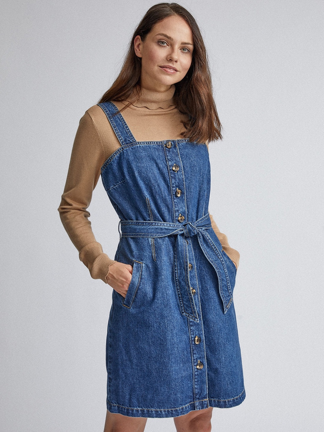 

DOROTHY PERKINS Women Blue Denim Solid Pinafore Dress