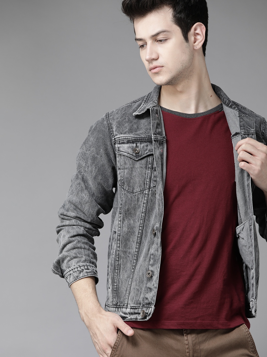 

Roadster Men Charcoal Grey Washed Denim Jacket