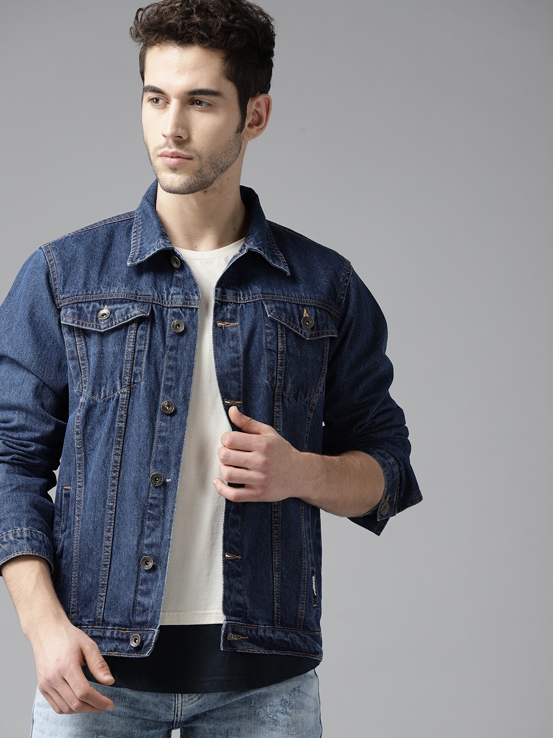 

Roadster Men Navy Blue Solid Denim Jacket