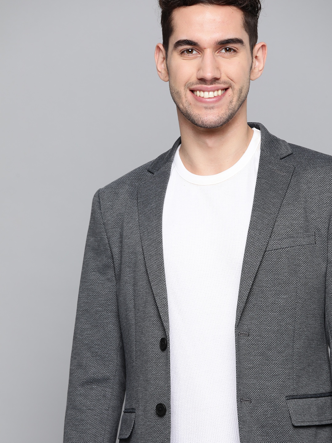 

Mast & Harbour Men Charcoal Grey & Black Micro Checks Smart Casual Blazer