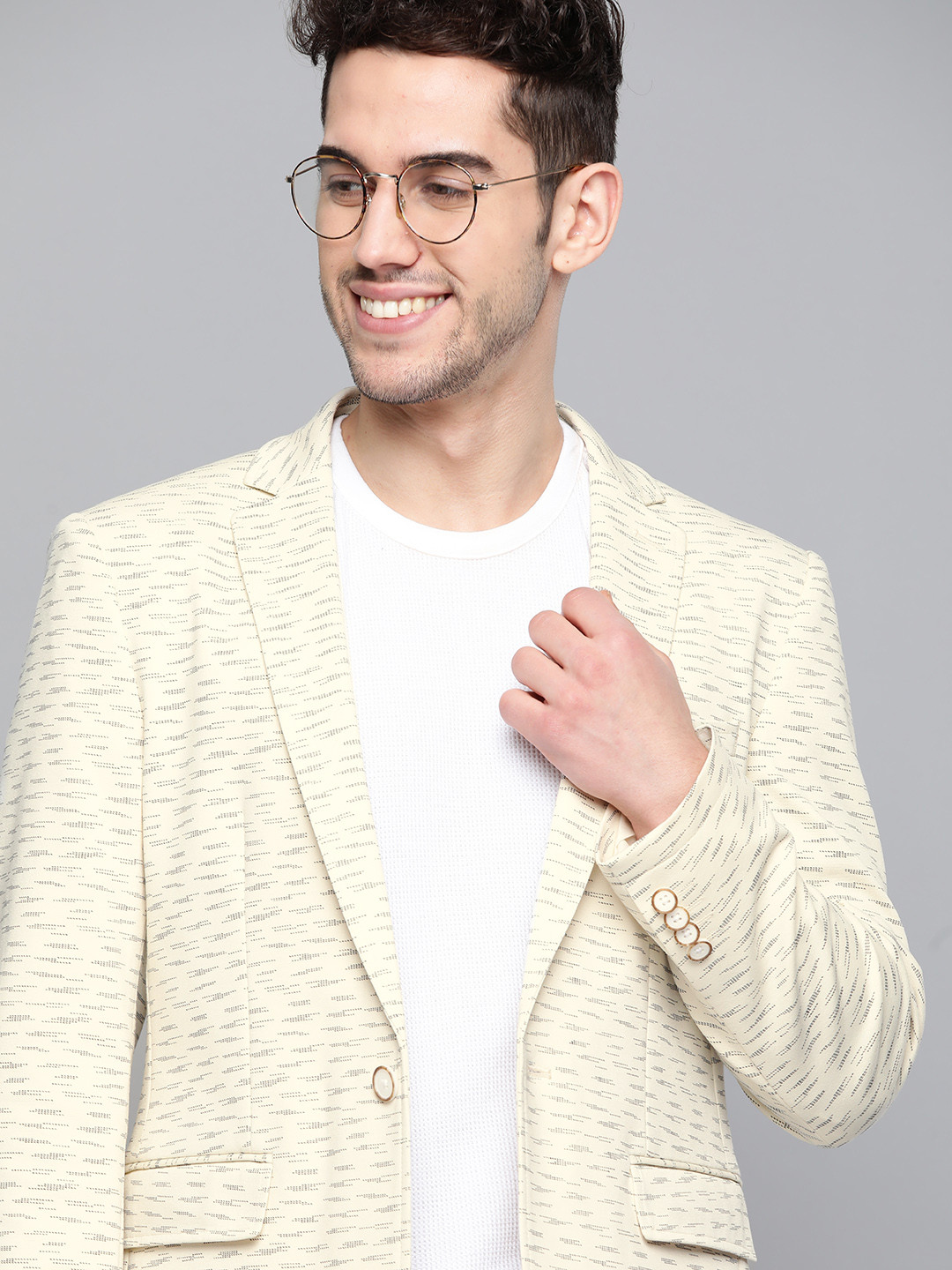 

Mast & Harbour Men Cream-Coloured & Black Printed Single-Breasted Smart Casual Blazer