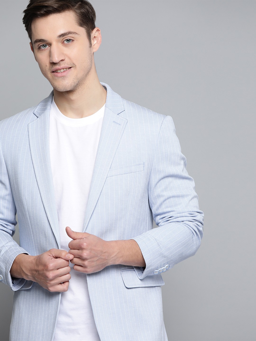 

Mast & Harbour Men Blue Regular Fit Striped Single-Breasted Casual Blazer