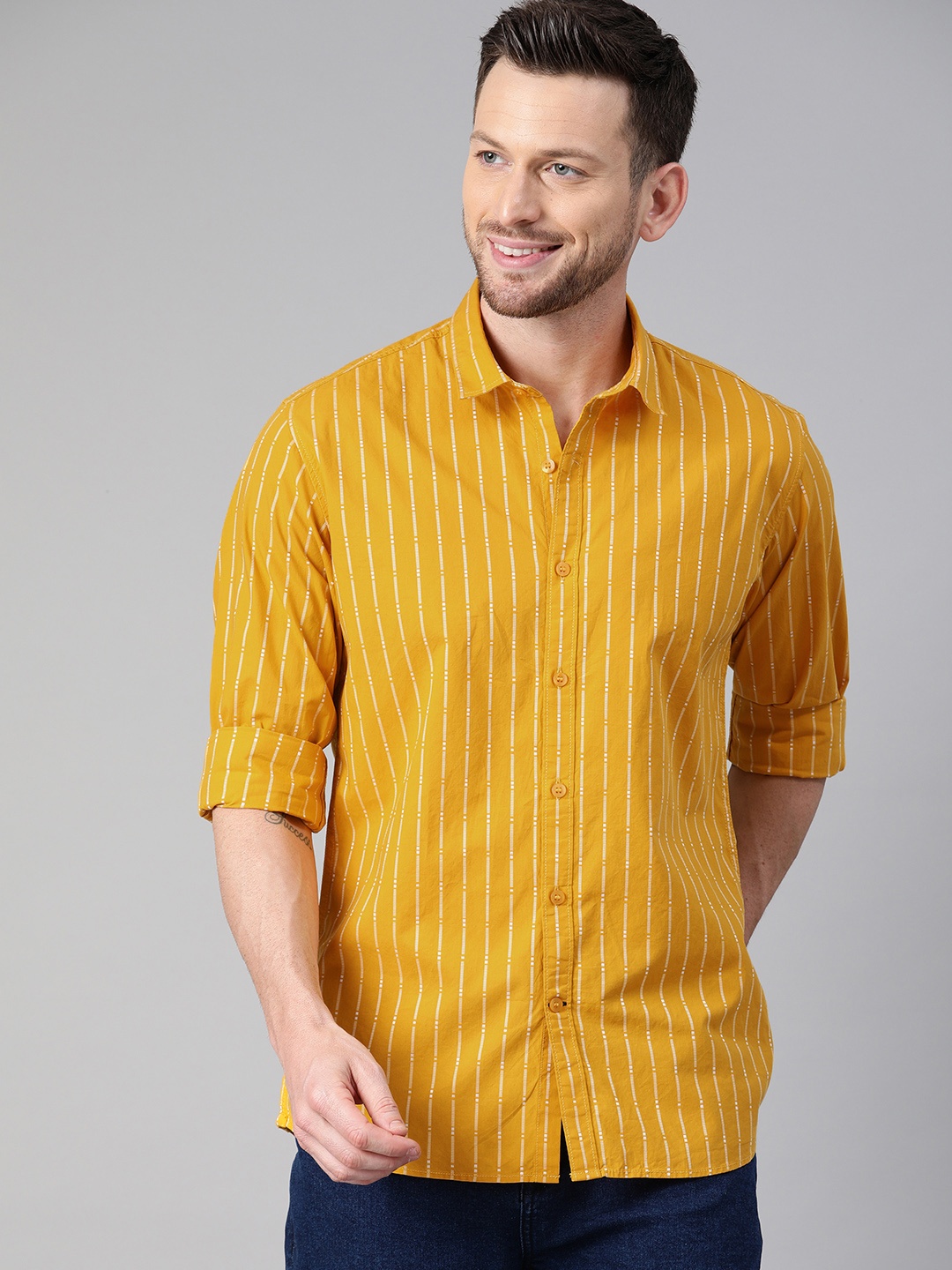 

Mast & Harbour Men Yellow & White Regular Fit Striped Casual Shirt