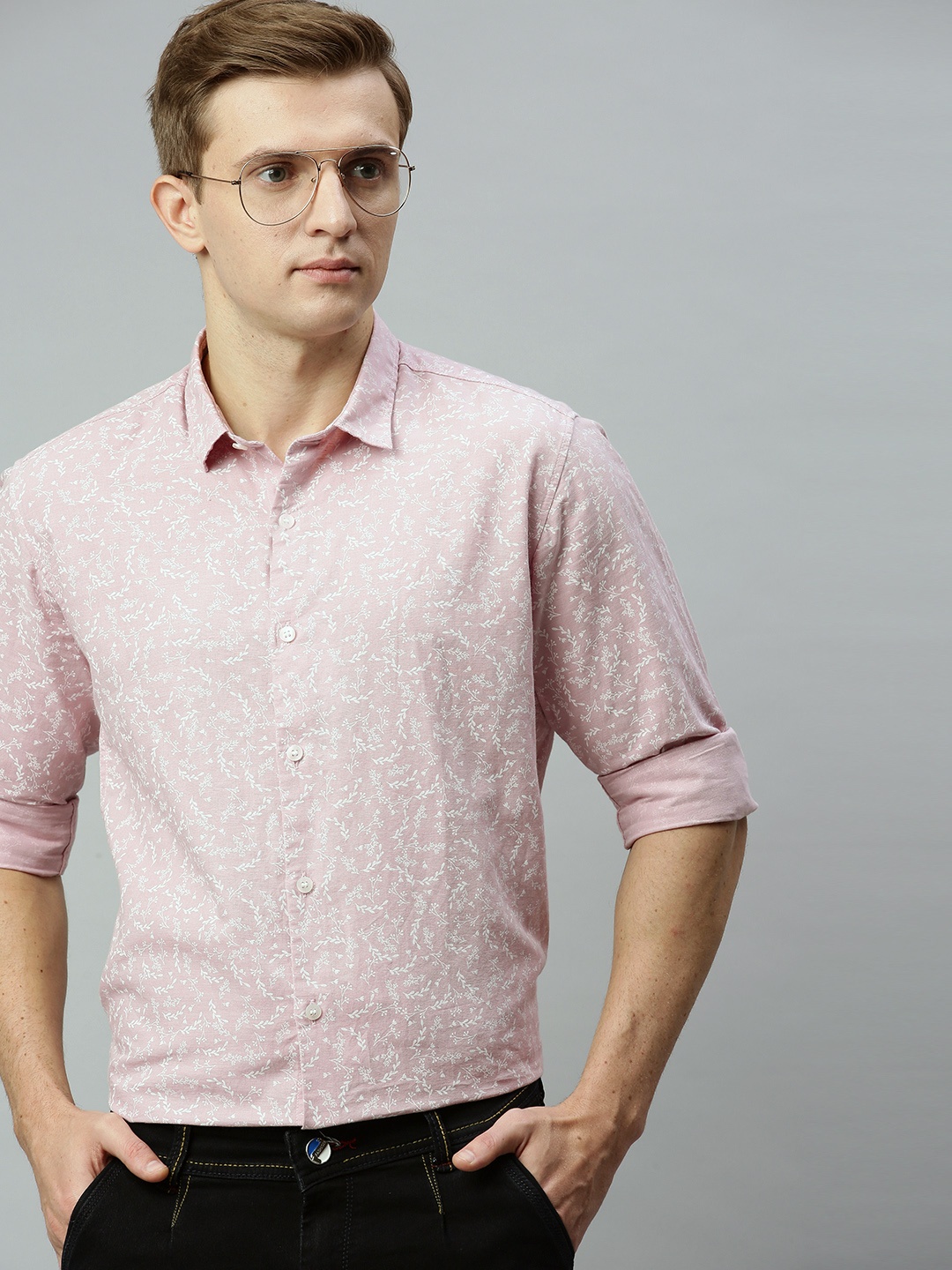 

Mast & Harbour Men Pink & White Slim Fit Printed Casual Cotton Linen Shirt