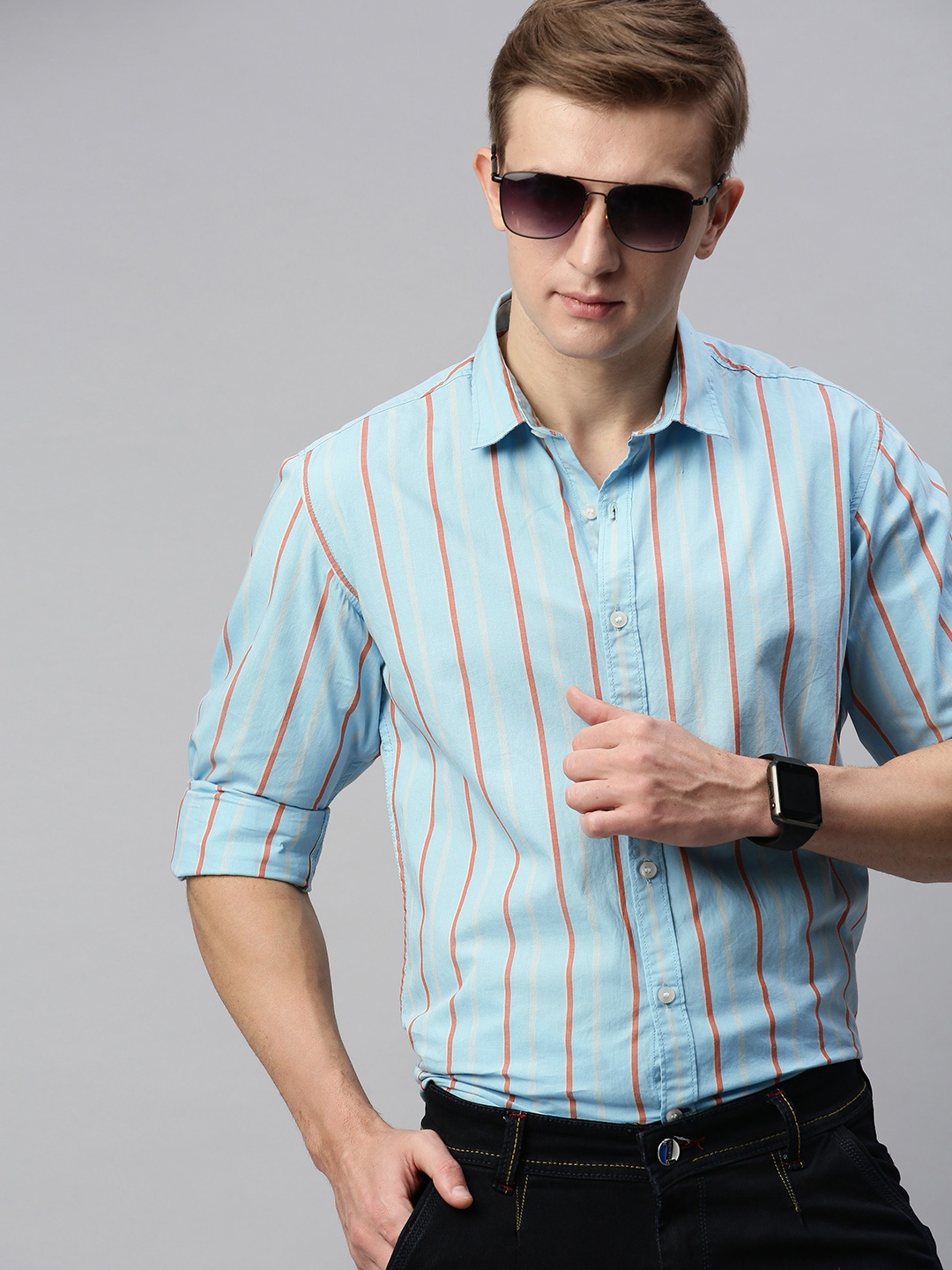 

Mast & Harbour Men Blue & Rust Red Slim Fit Striped Sustainable Casual Shirt