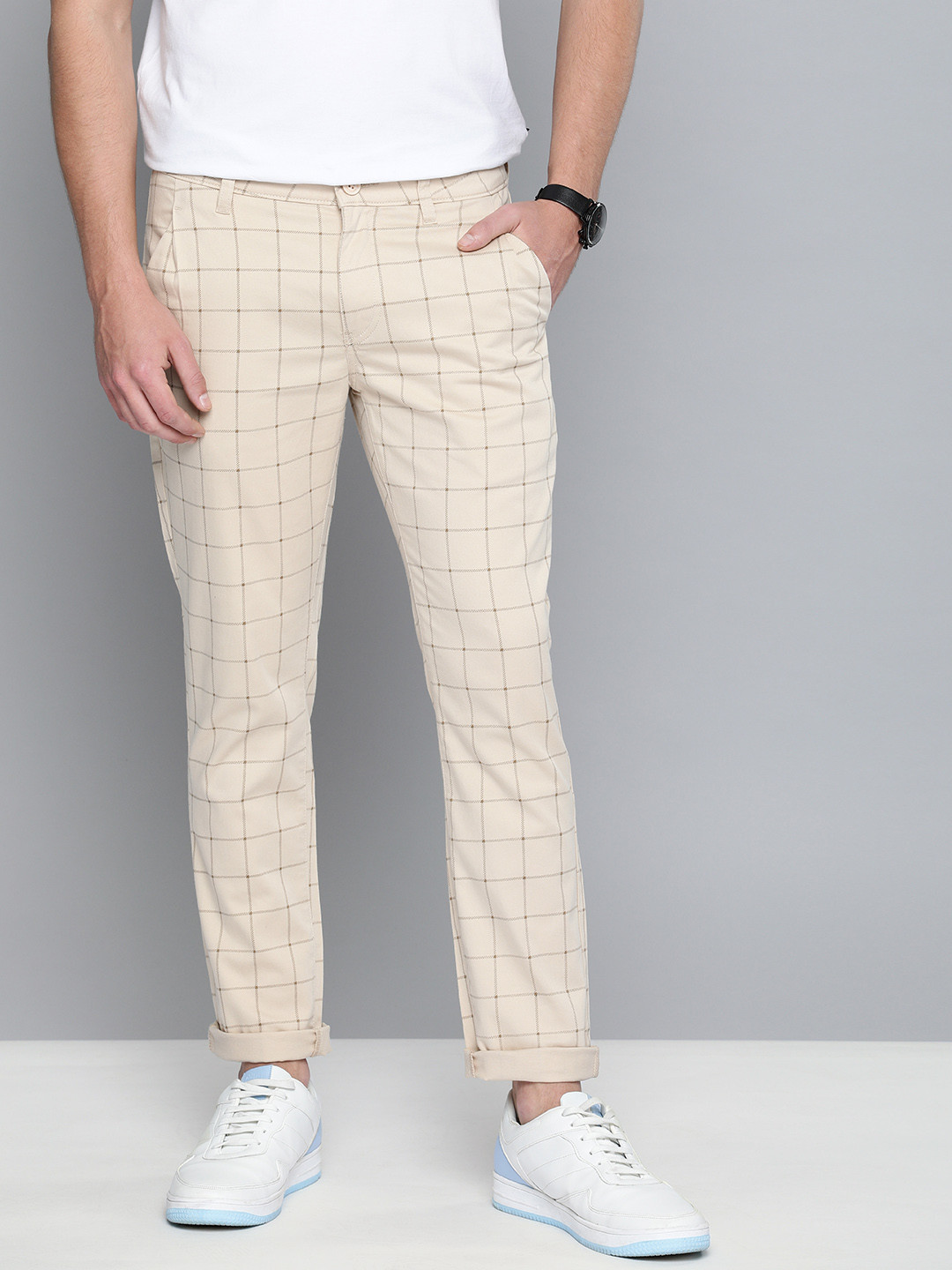 

Mast & Harbour Men Beige & Brown Regular Fit Checked Regular Trousers