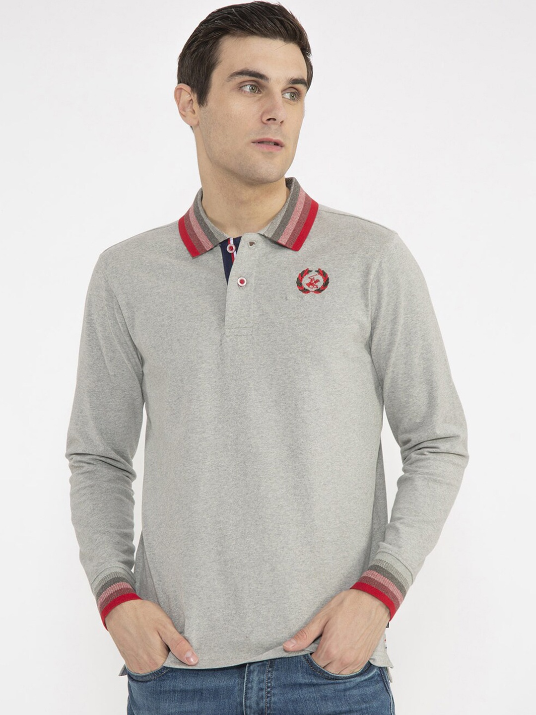 

Beverly Hills Polo Club Men Grey Solid Polo Collar T-shirt