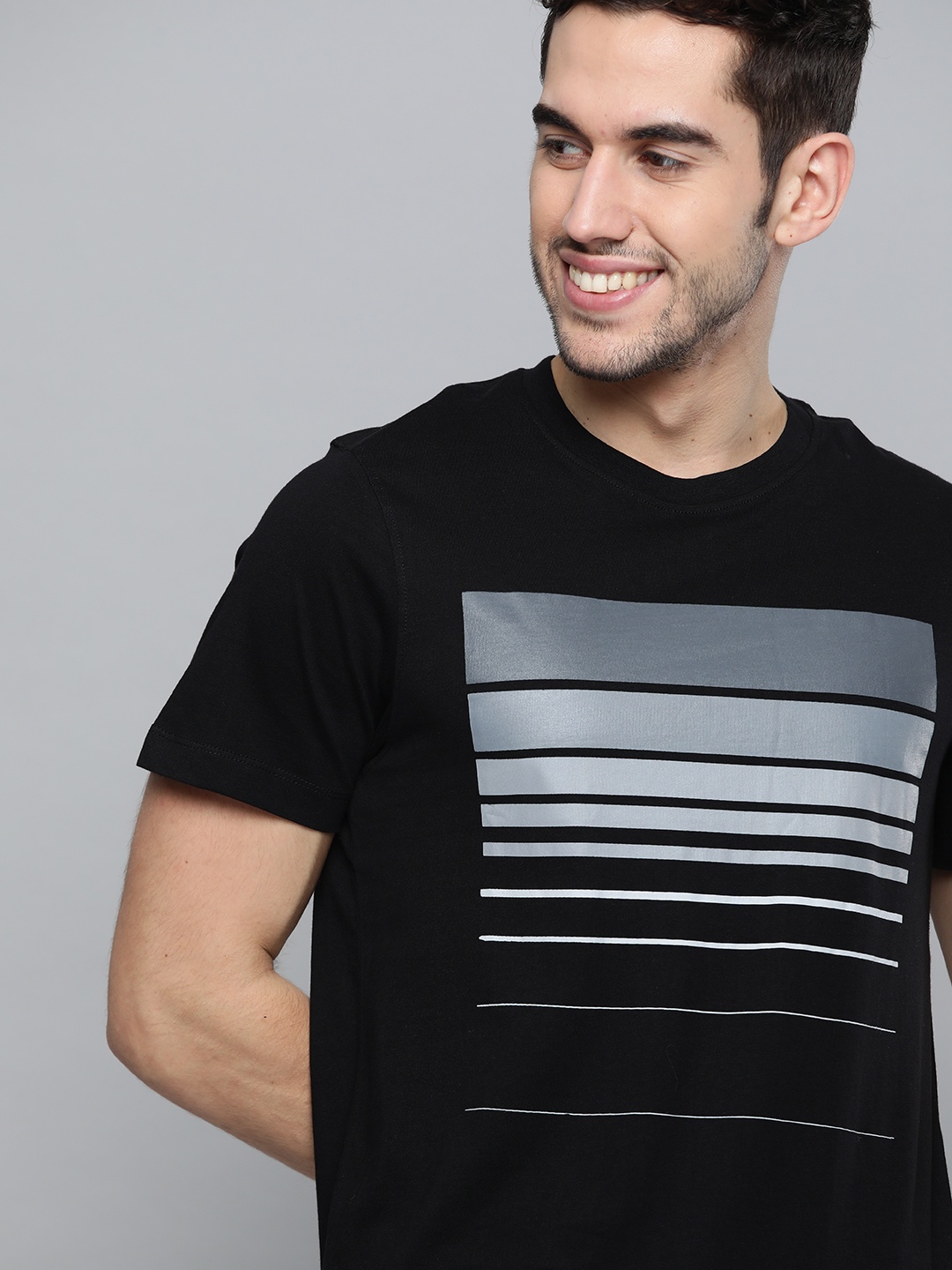 

Mast Harbour Men Black Grey Striped Round Neck Pure Cotton T-shirt