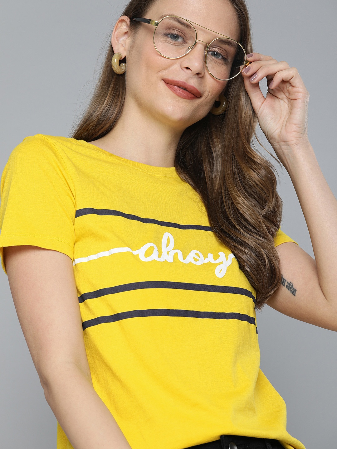 

Mast & Harbour Women Yellow Printed Round Neck T-shirt