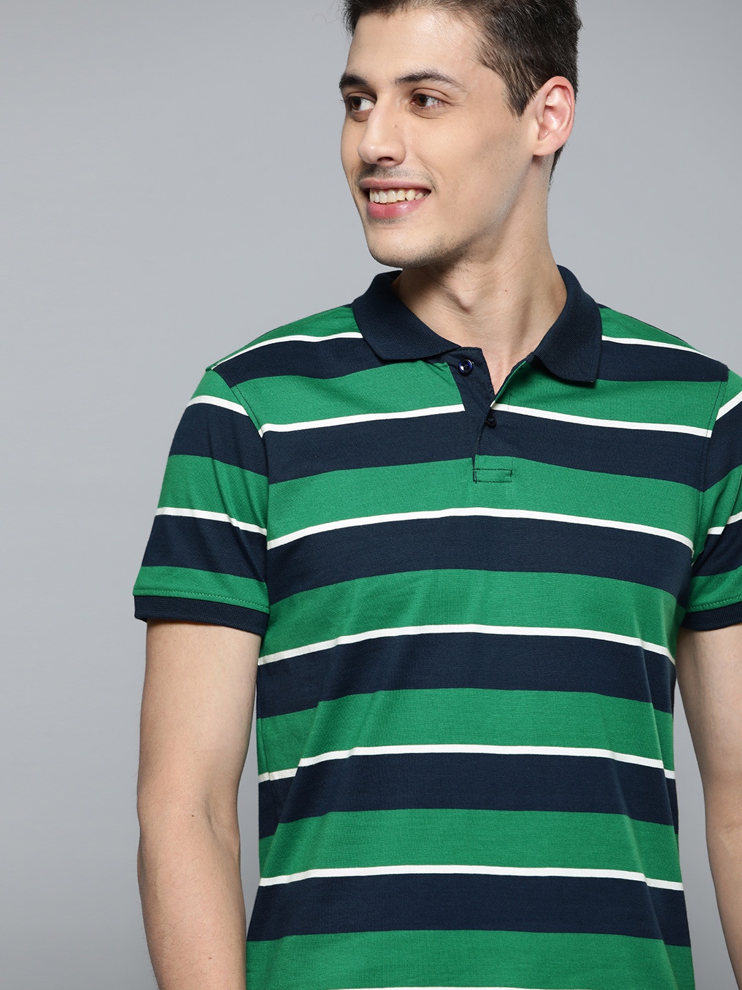 

Mast & Harbour Men Green & Navy Striped Polo Collar T-shirt