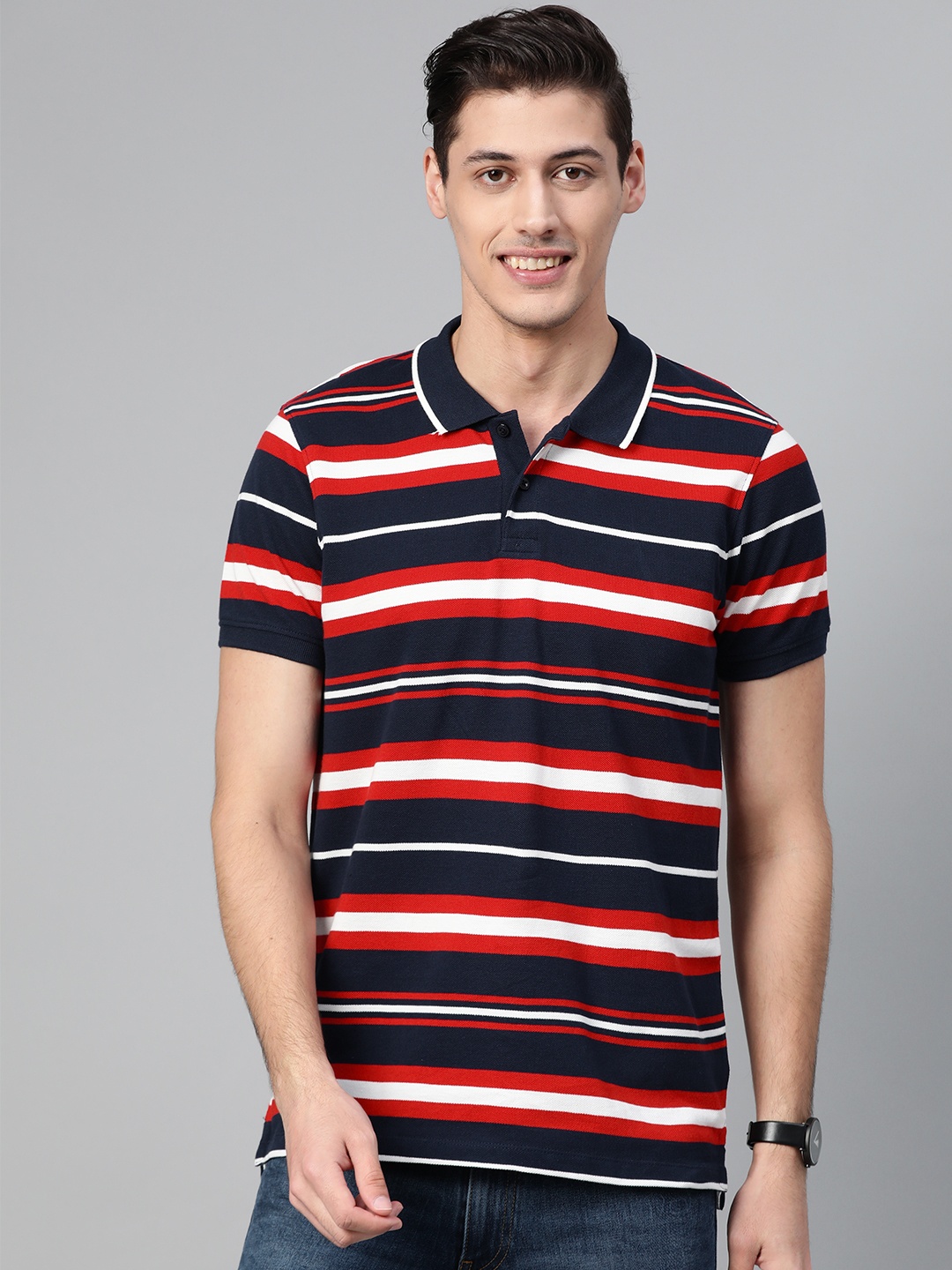 

Mast Harbour Men Navy Red Striped Polo Collar Pure Cotton T-shirt, Navy blue