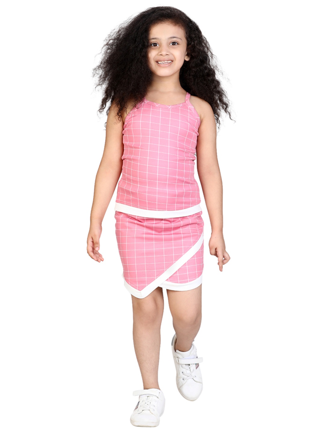 

ADIVA Girls Pink & White Checked Top with Skirt Set