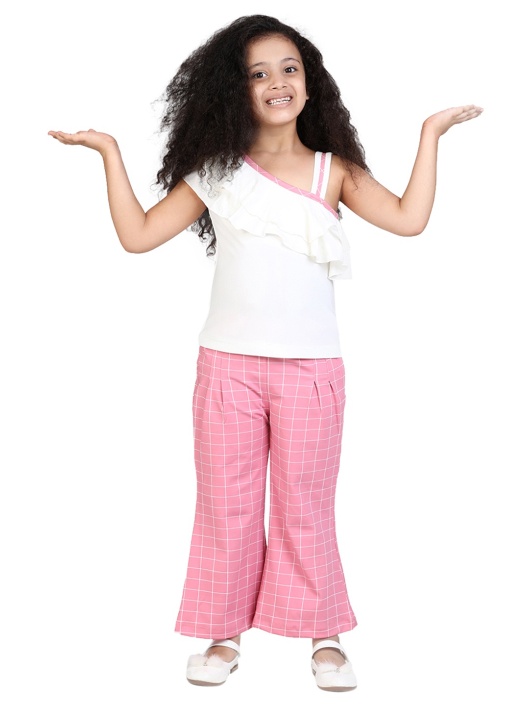 

ADIVA Girls Pink & Off-White Solid Top with Trousers