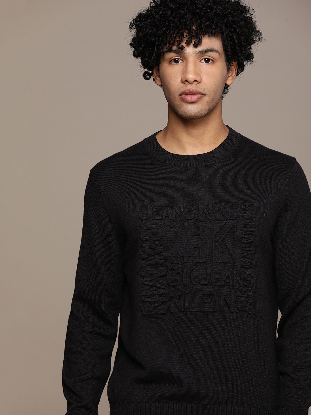 

Calvin Klein Jeans Men Black Embossed Self Design Pullover