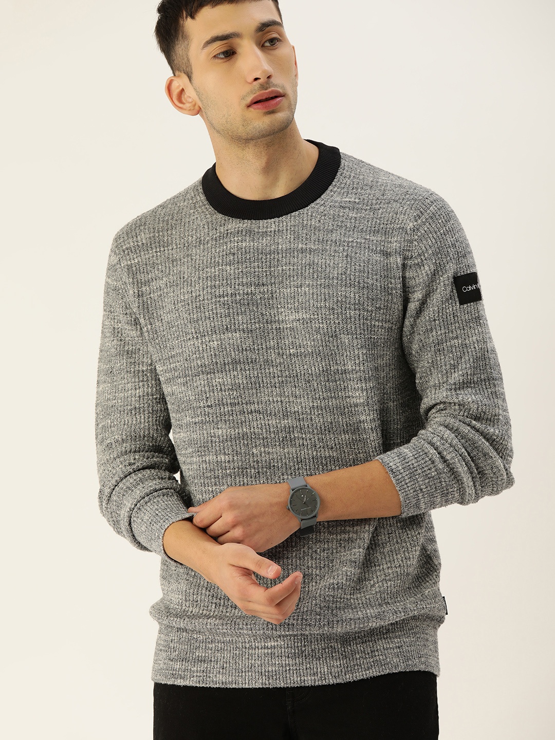 

Calvin Klein Jeans Men Grey Melange Solid Pullover Sweater