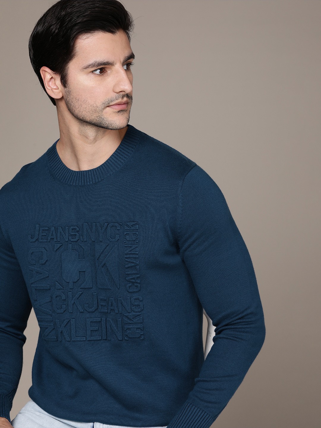 

Calvin Klein Jeans Men Navy Blue Logo Embossed Pullover