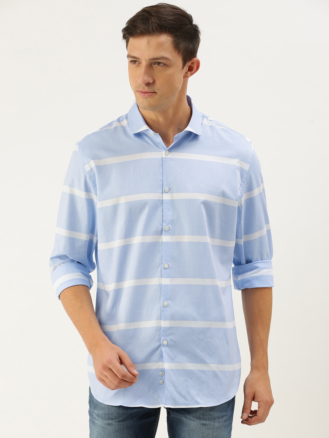 

Calvin Klein Jeans Men Blue Slim Fit Horizontal Stripes Striped Casual Shirt