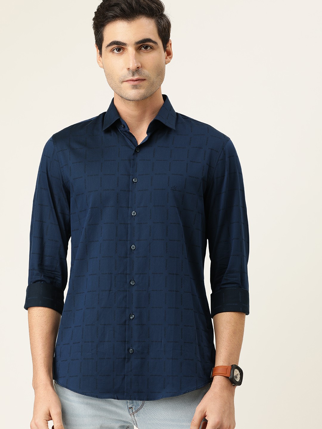 

Calvin Klein Jeans Men Navy Blue & Black Slim Fit Brand Logo Checked Casual Shirt