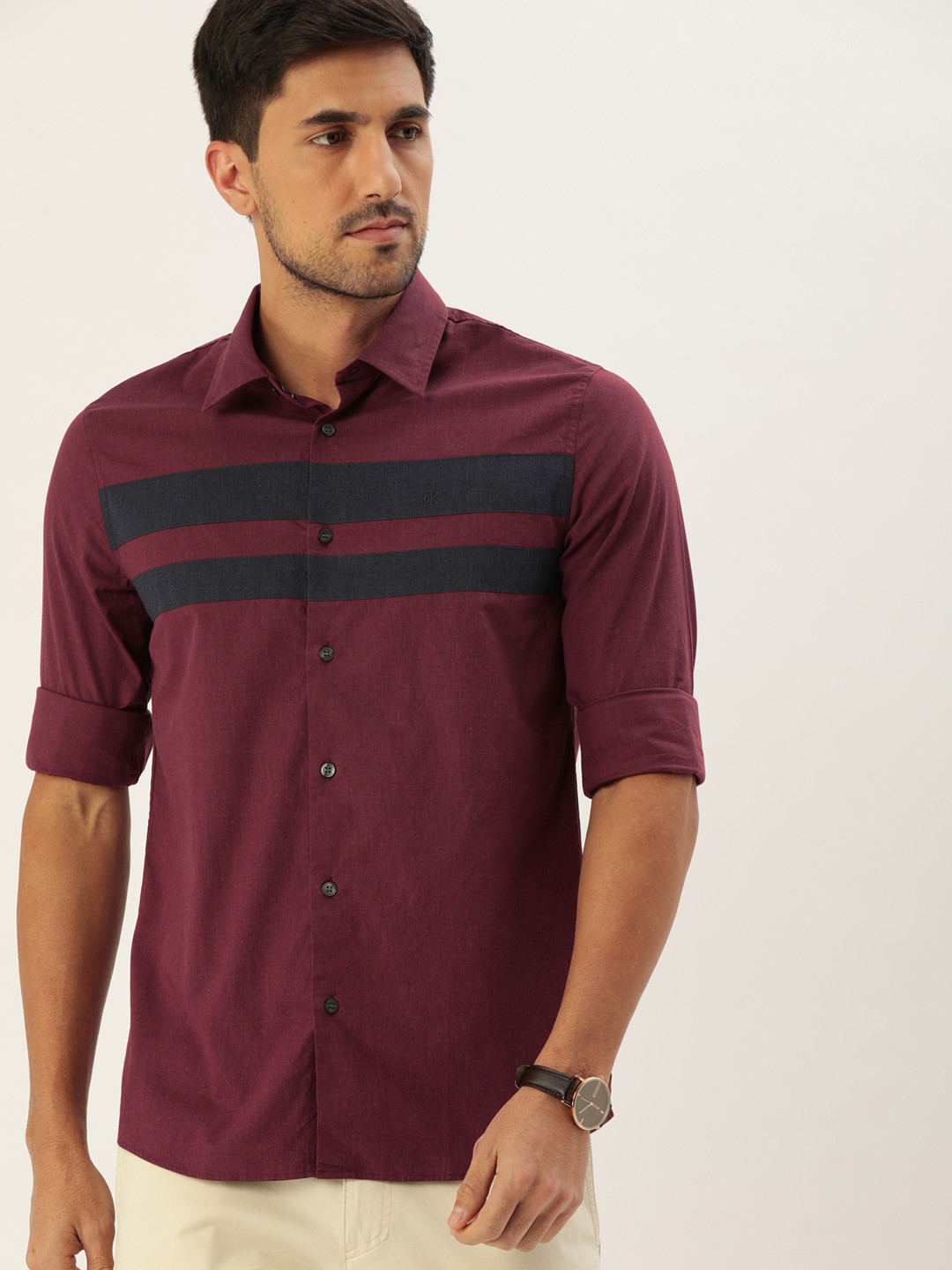 

Calvin Klein Jeans Men Burgundy & Navy Blue Slim Fit Striped Casual Shirt