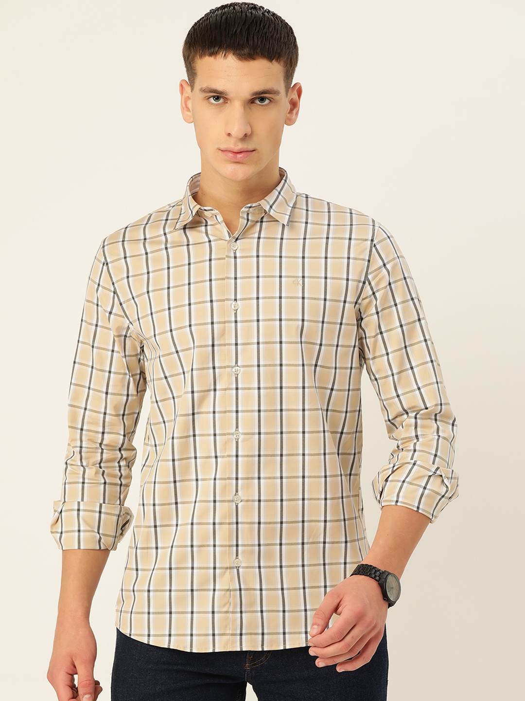 

Calvin Klein Jeans Men Beige & Black Slim Fit Checked Casual Shirt