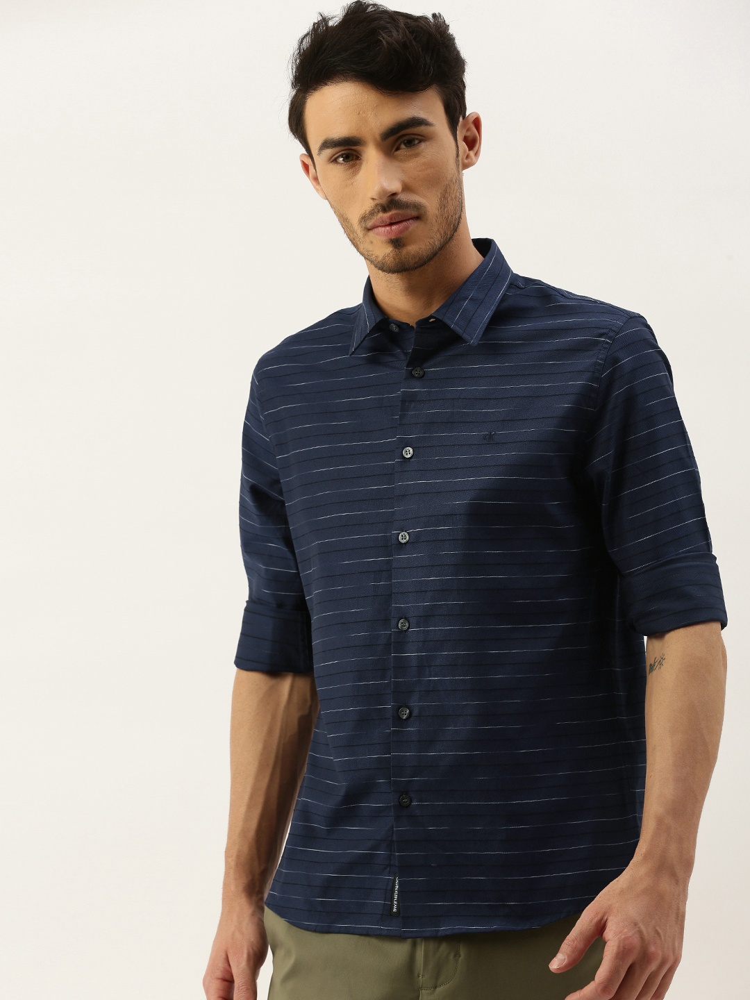 

Calvin Klein Jeans Men Navy Blue Striped Pure Cotton Regular Fit Casual Shirt