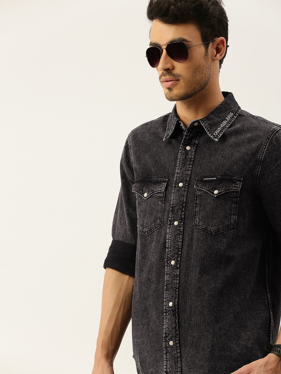 

Calvin Klein Jeans Men Black Regular Fit Washed Pure Cotton Casual Denim Shirt