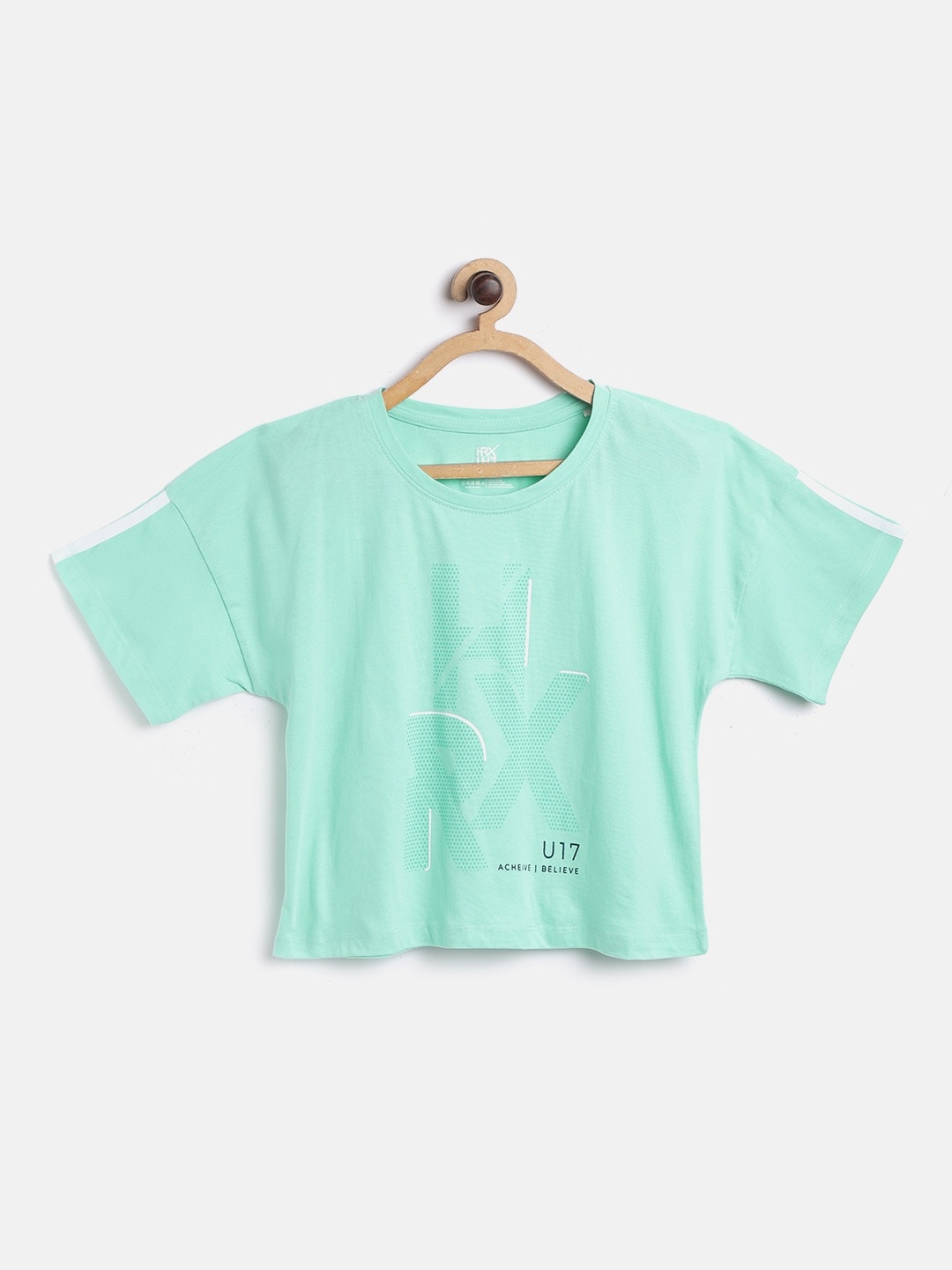 

HRX by Hrithik Roshan Girls Turquoise Antimicrobial Bio-Wash Bio-Wash Lifestyle Pure Cotton T-shirt, Turquoise blue