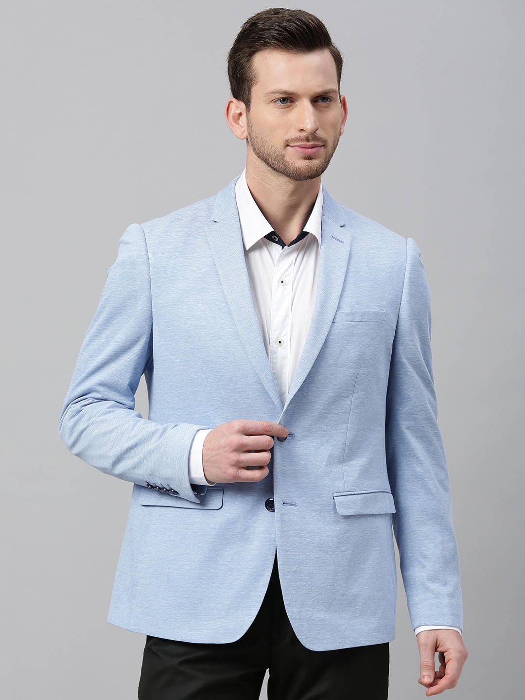 

Louis Philippe Sport Men Blue Self-Design Super Slim Fit Single-Breasted Formal Blazer