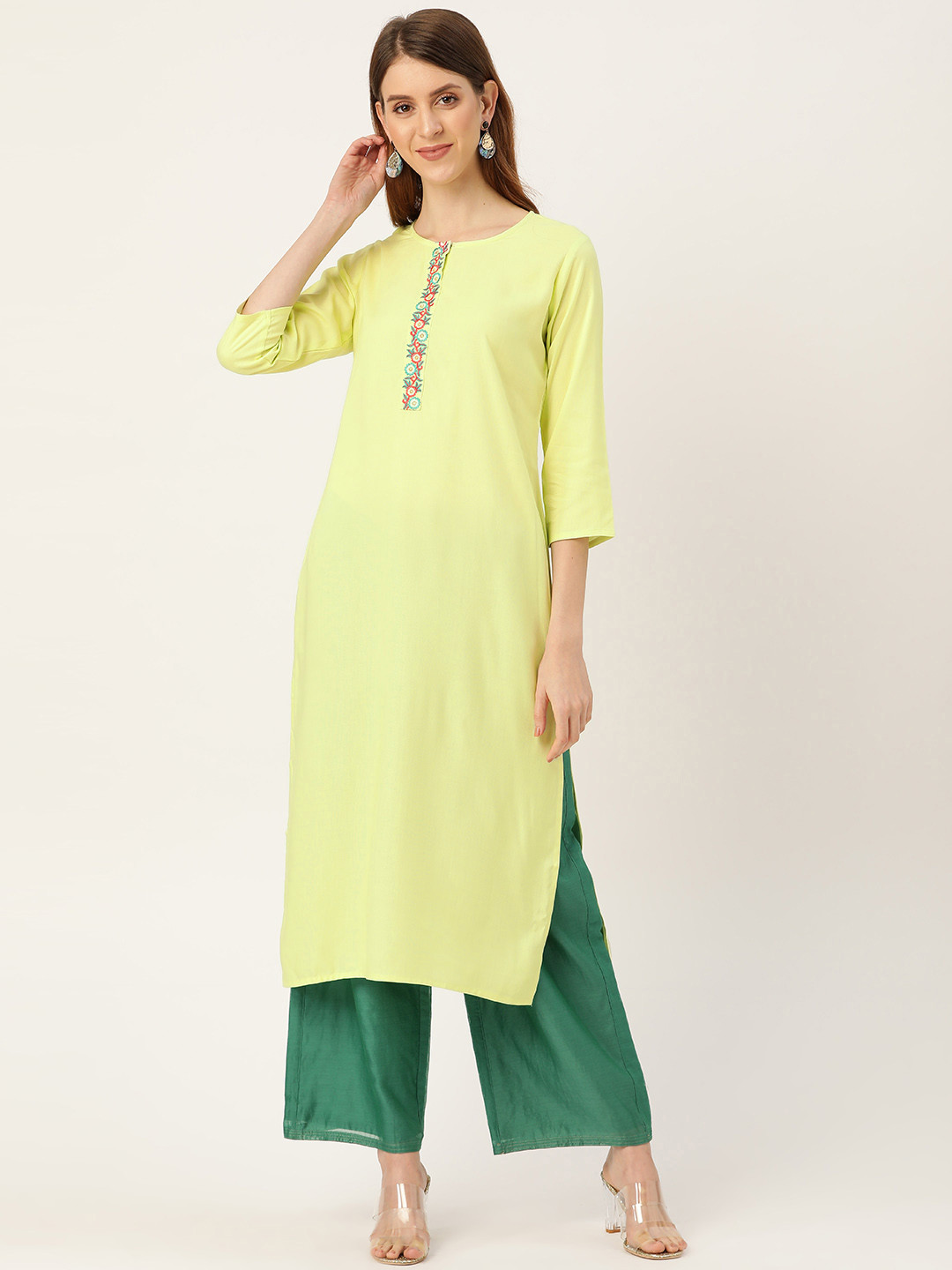 

Nayo Women Lime Green Embroidered Detail Straight Kurta