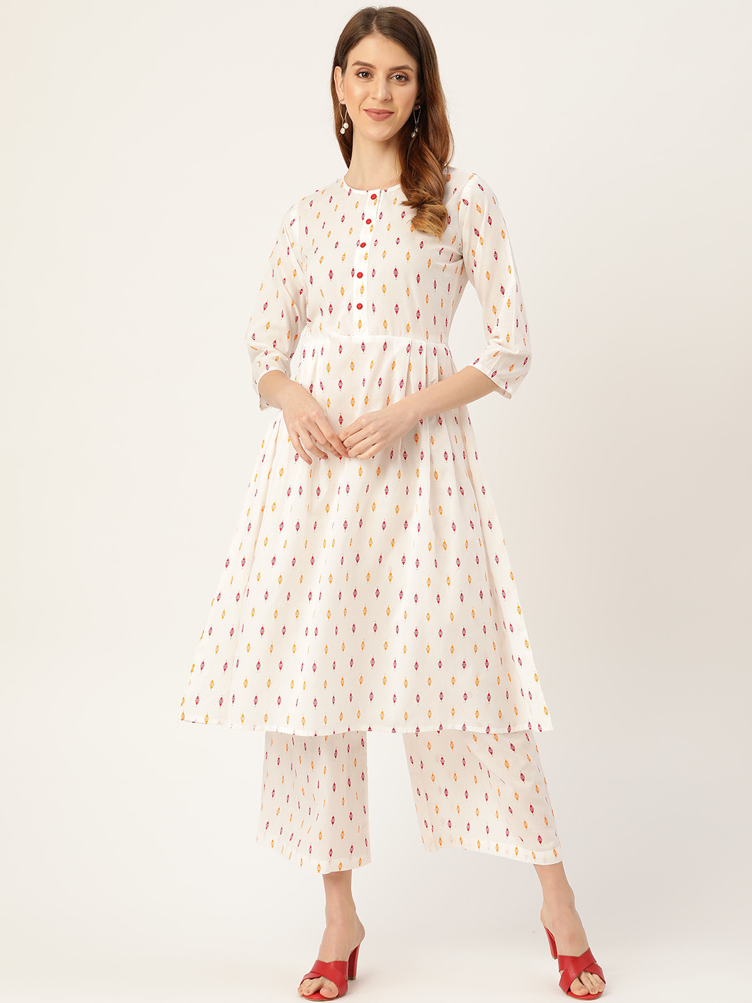 

Nayo Women White & Orange Printed Kurta with Palazzos