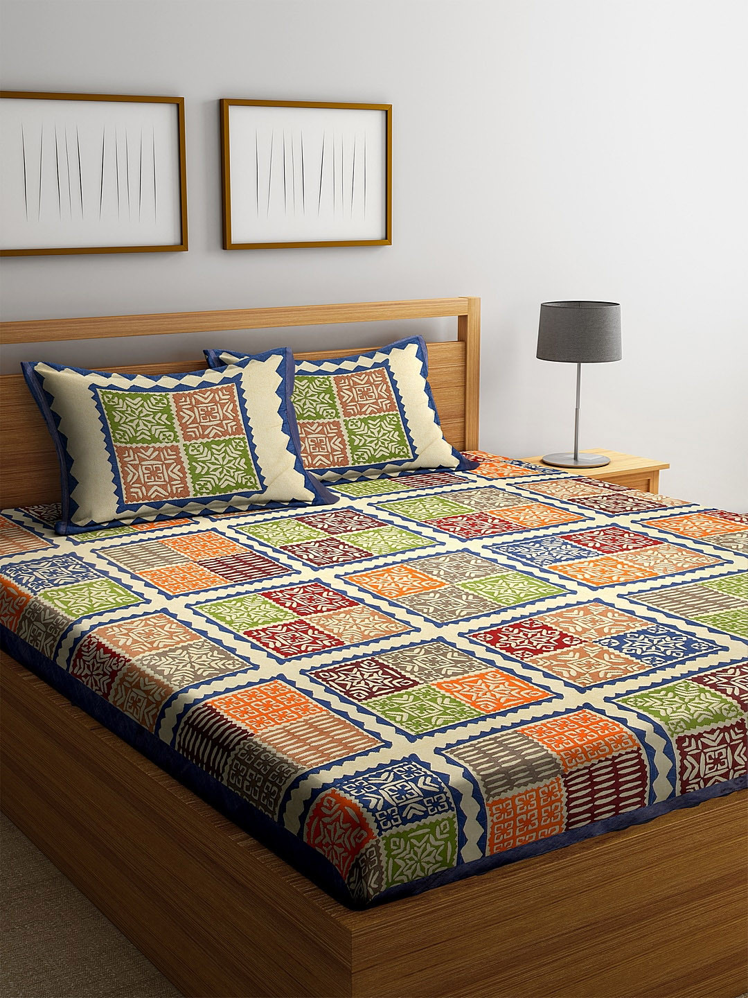 

Rajasthan Decor Orange & Green Geometric 144 TC Cotton 1 King Bedsheet with 2 Pillow Covers