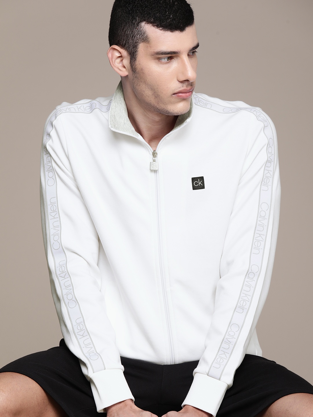 

Calvin Klein Jeans Men White Front-Open Sweatshirt with Side Taping Detail