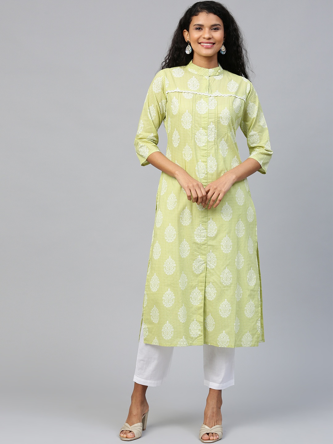 

AASI - HOUSE OF NAYO Women Green & White Printed Kurta with Trousers
