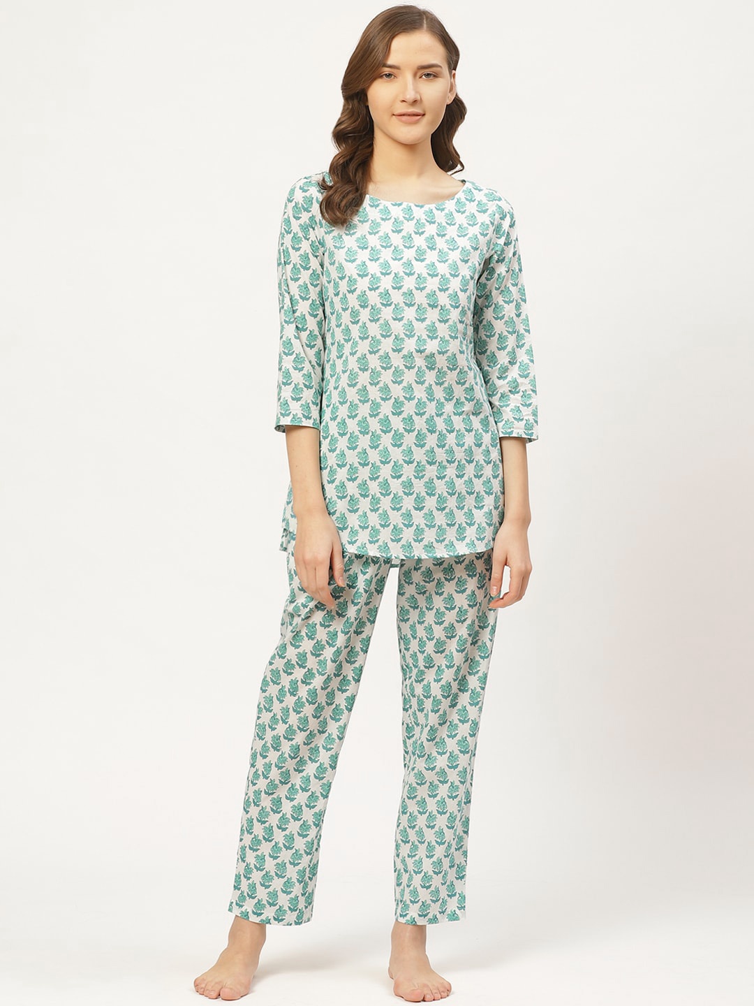 

Prakrti Women Beige & Sea Green Floral All-Over Boota Printed Cotton Night Suit Set