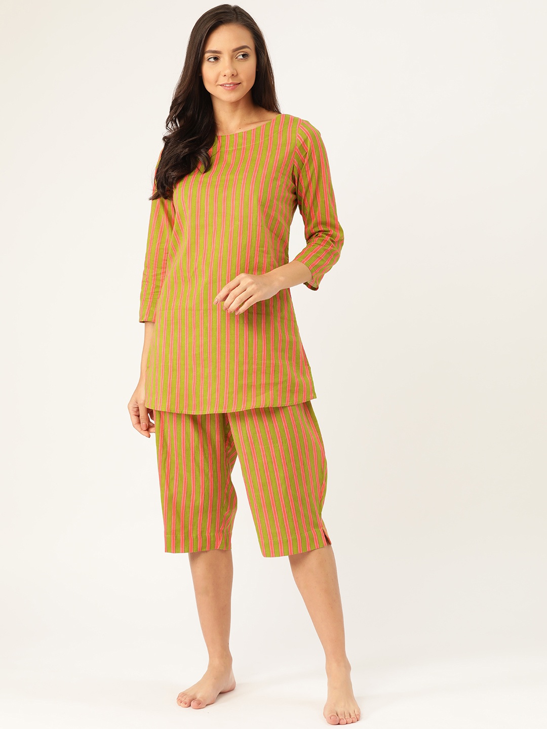 

Prakrti Women Green & Pink Striped Night suit