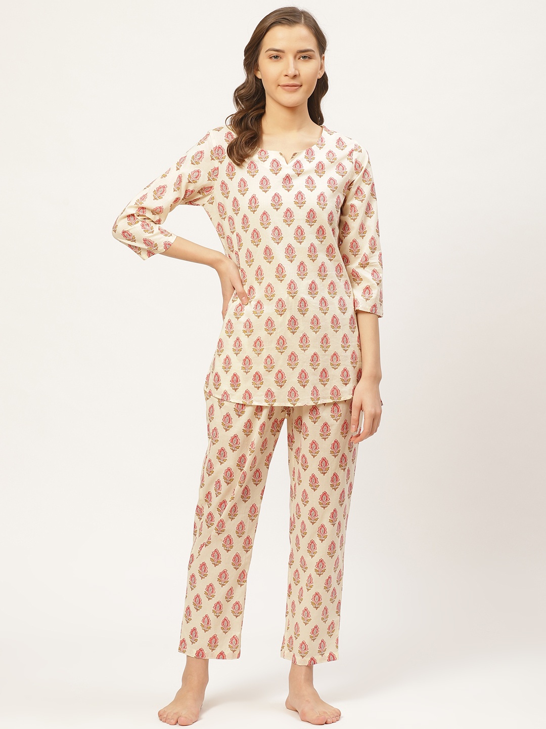 

Prakrti Women Cream-Coloured & Pink Ethnic Printed Cotton Night Suit Set