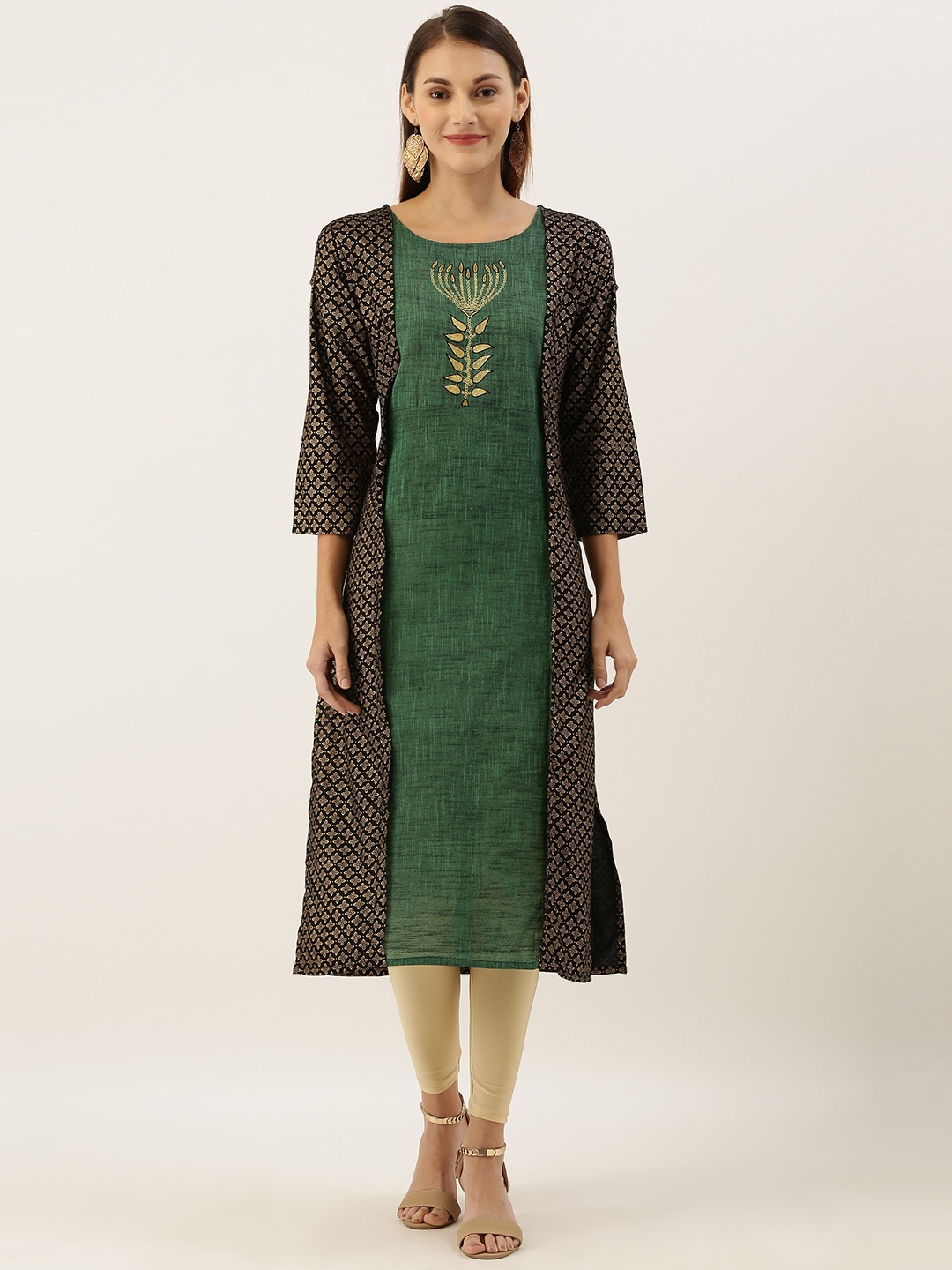 

Varanga Women Green & Black Printed Layered Straight Kurta with Embroidered Detail
