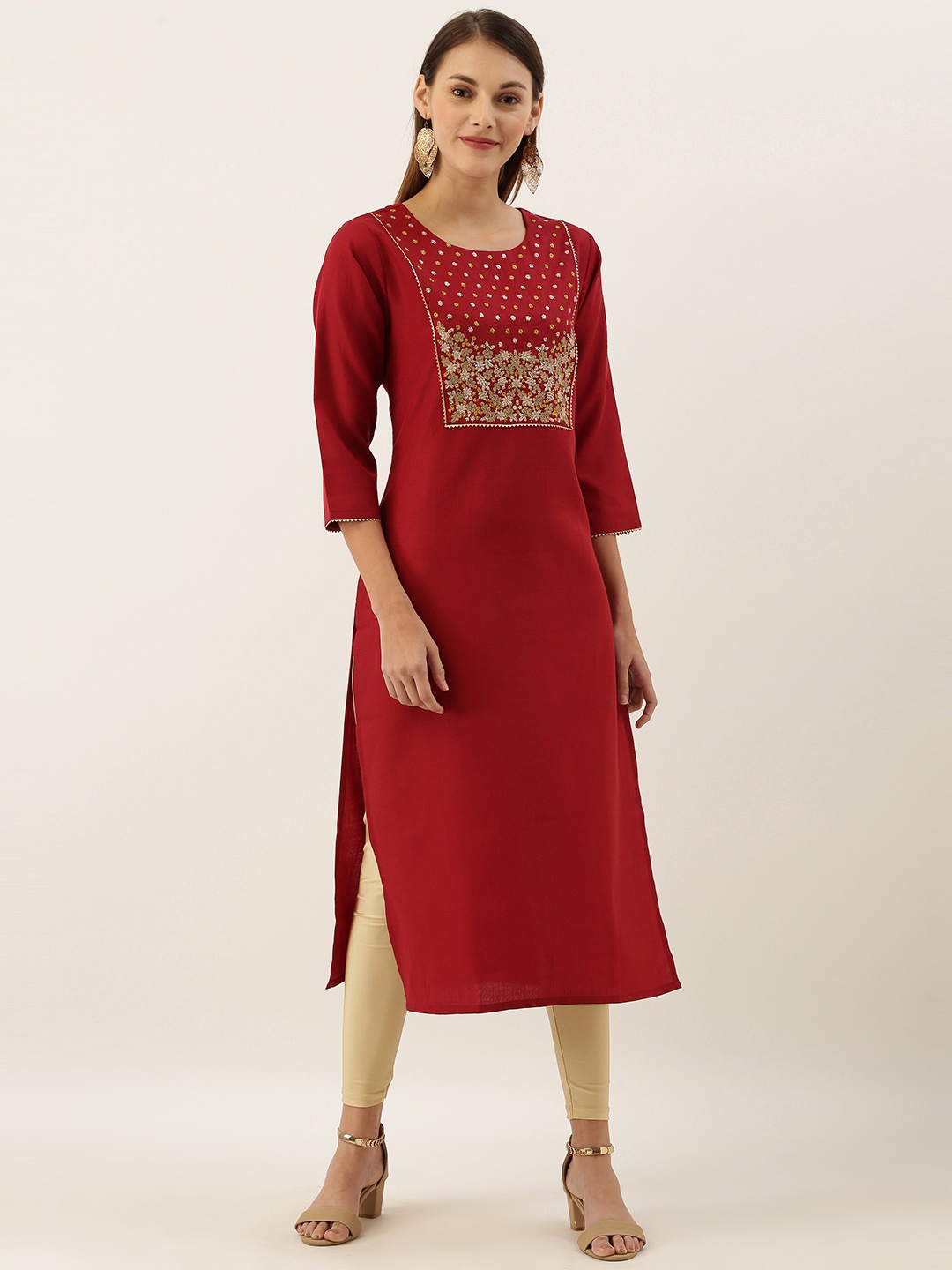 

Varanga Women Maroon Embroidered Straight Kurta