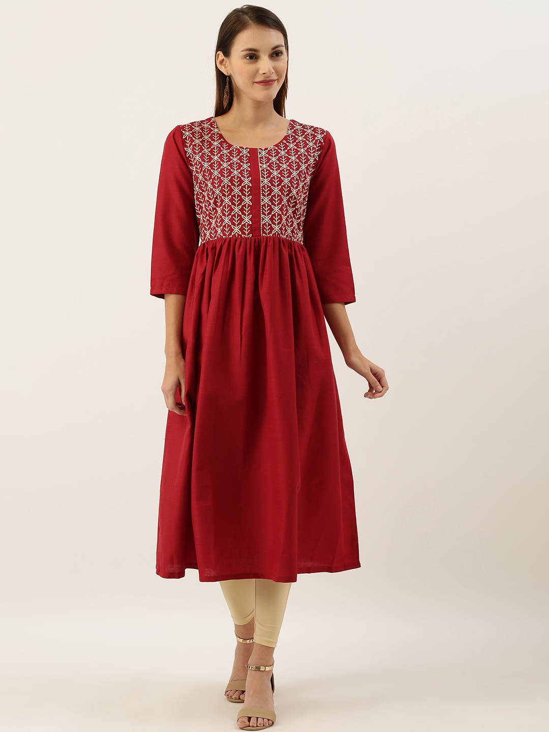 

Varanga Women Maroon Embroidered Gathered A-Line Kurta