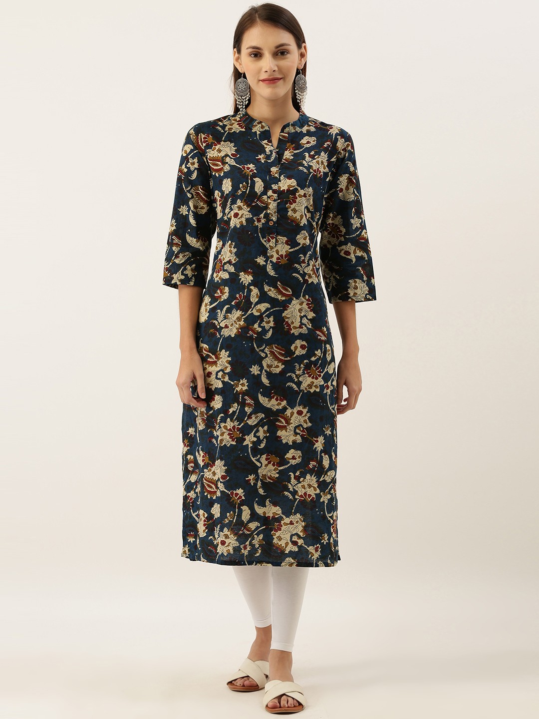 

Varanga Women Navy Blue & Beige Floral Printed A-Line Kurta