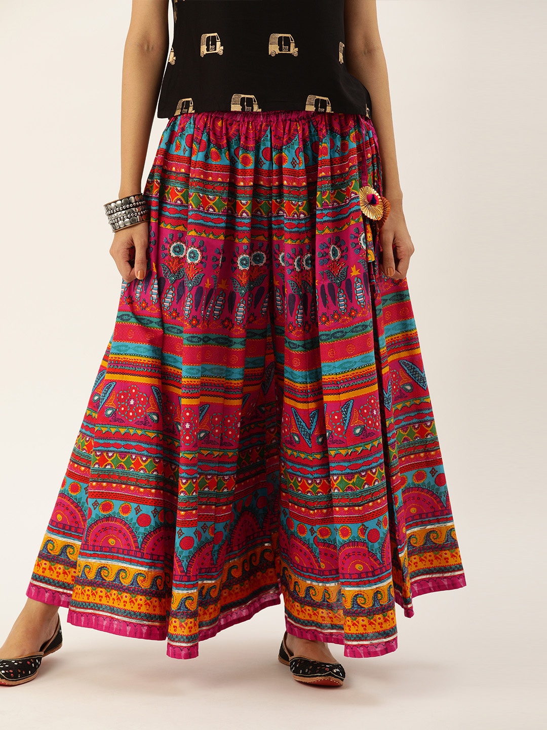 

Varanga Women Pink & Yellow Printed Flared Palazzos