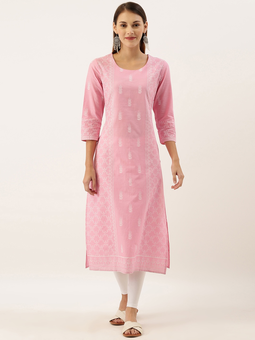 

Varanga Women Pink & White Printed Straight Kurta