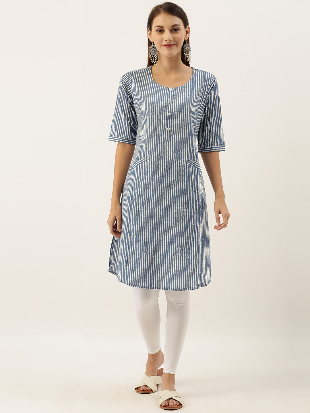 

Varanga Women White & Blue Striped Straight Kurta with Pockets