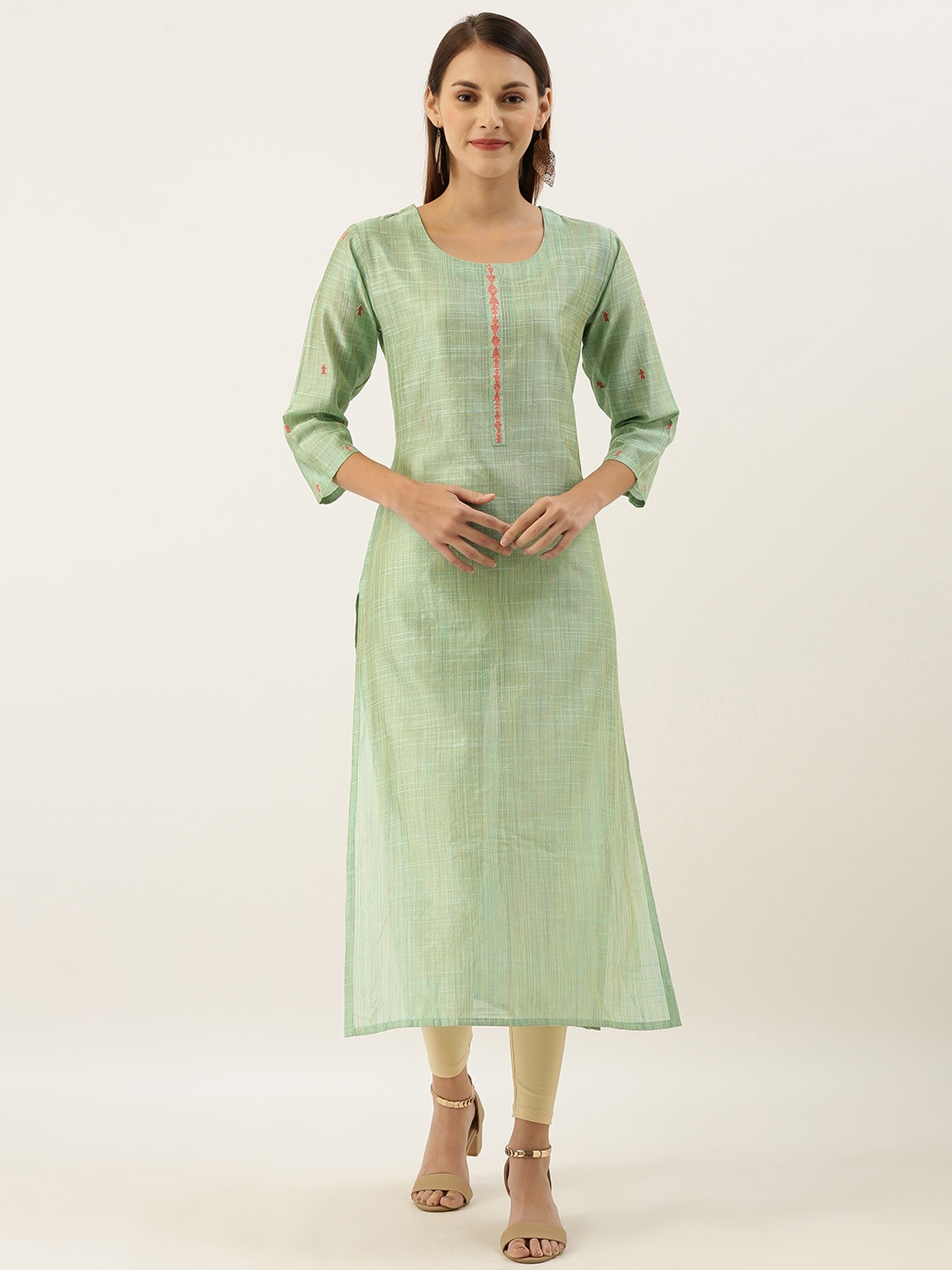 

Varanga Women Sea Green Solid Straight Kurta with Embroidered Detail